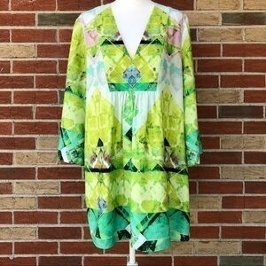 🏖️ Ivanka Trump Sheer Grommeted Long Sleeve  Green White Beach Cover Up/Tunic